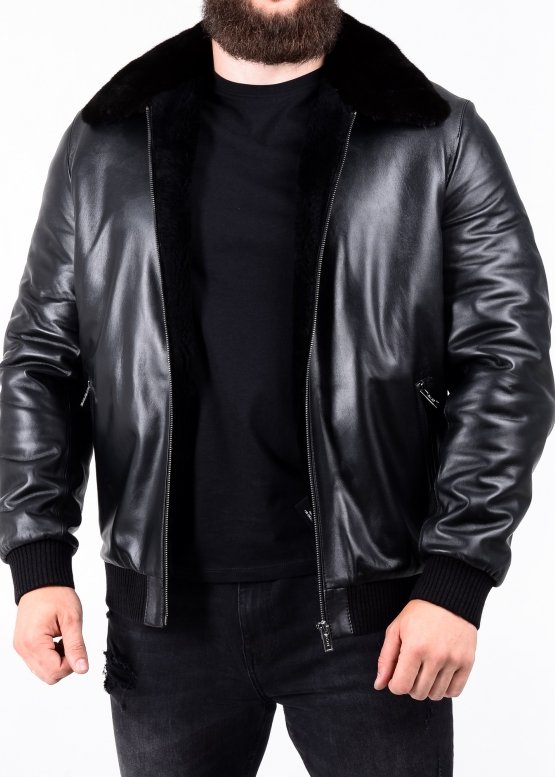 Winter leather jacket with a mink collar