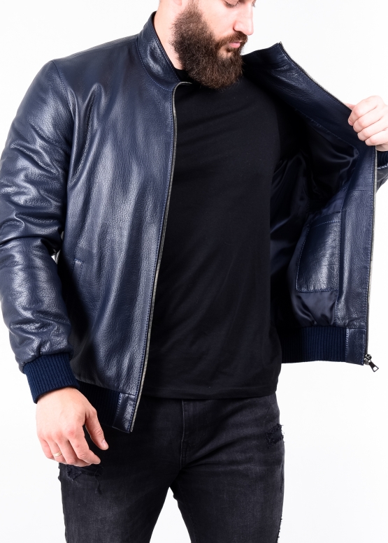 Mens Blue Leather Bomber Jacket