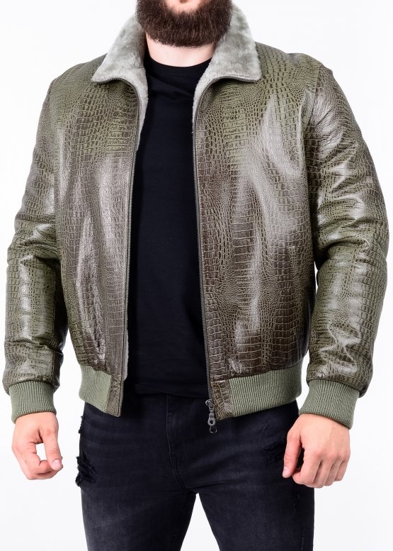 Winter leather jacket with fur under elastic band