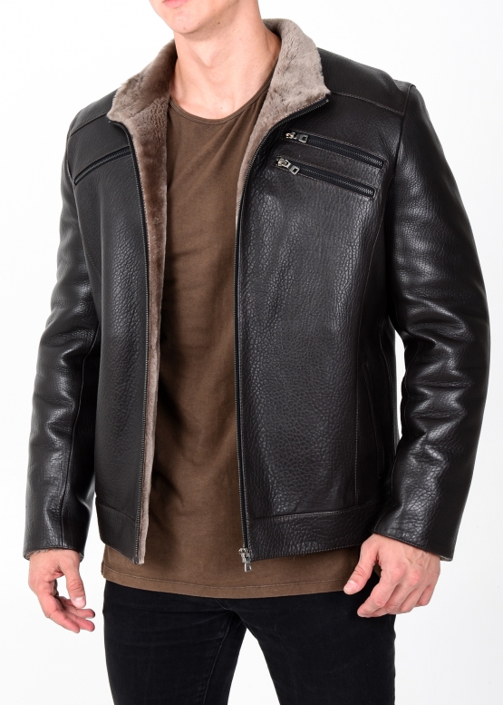 Winter leather men's jacket with fur