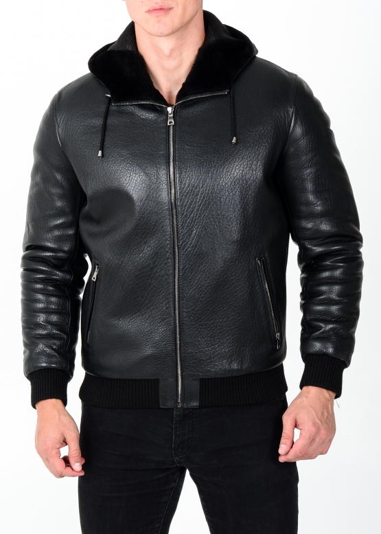  Winter leather jacket with a hood  