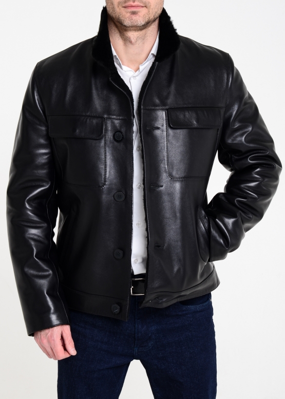 Fitted leather winter jacket with fur