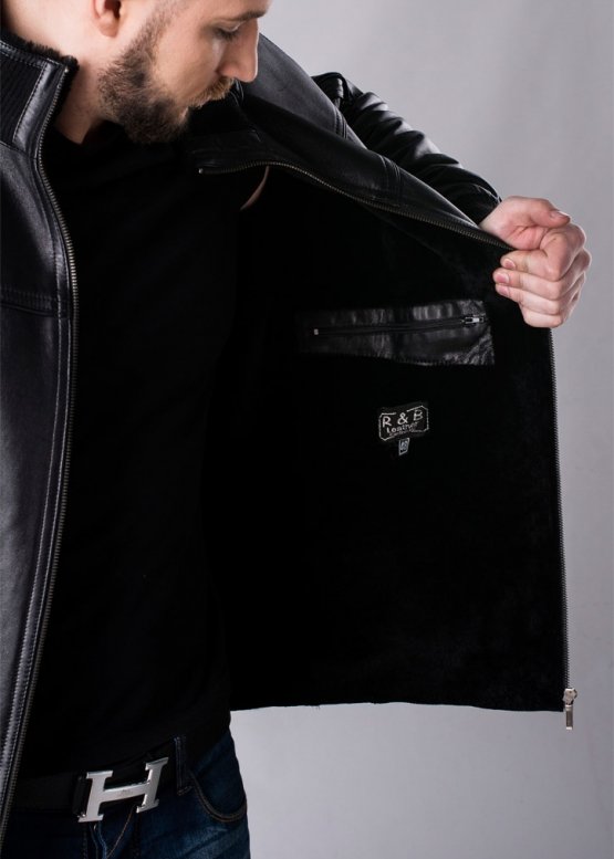 Winter leather jacket with a fur hood